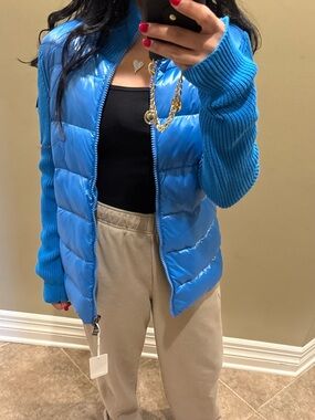 Moncler Blue Quilted Puffer Jacket with Knit Collar